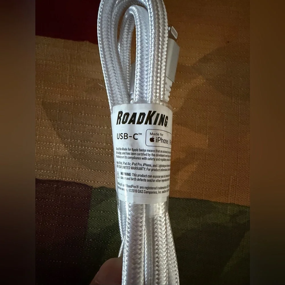 Road King Heavy Duty Lightning to USB C Cable - White - New 4 Ft Nylon Braided